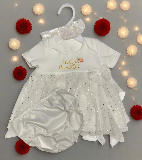 0-9M White hello beautiful chiffon Dress & Panty - Ariesbabies