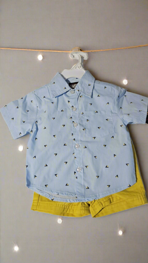 12-24M Blue Casual Shirt Set with Mustard Color Short - Ariesbabies