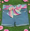 2-4T Denim Short with a stylish multi-color chiffon belt - Ariesbabies