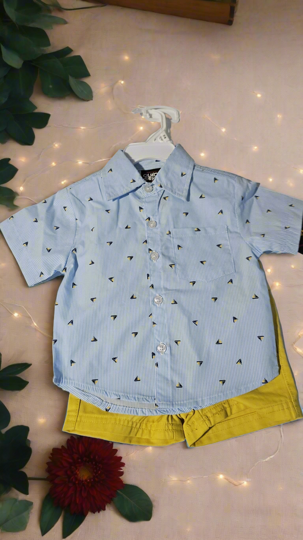 12-24M Blue Casual Shirt Set with Mustard Color Short - Ariesbabies