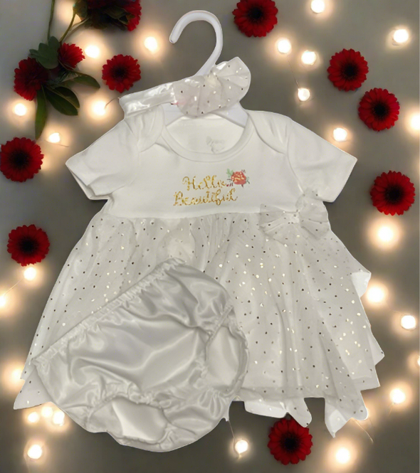 0-9M White hello beautiful chiffon Dress & Panty - Ariesbabies